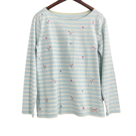 NWT Talbots Ice Skating Embroidered Striped Shirt Womens Size Medium Winter - Picture 2 of 10